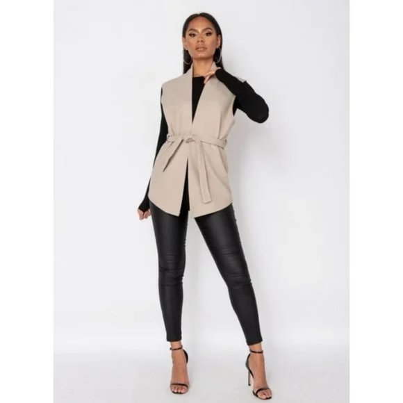 Beige Wool Blend Sleeveless Belted Vest Blazer Jacket - Picture 8 of 11